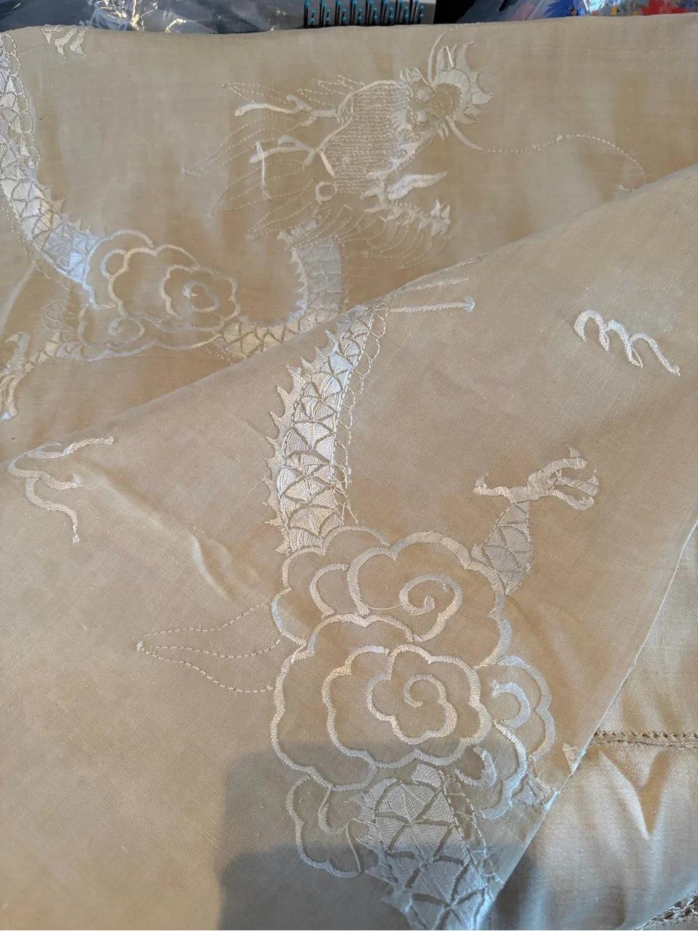 Vintage & Stunning Chinese Embroidered Dragon Tablecloth